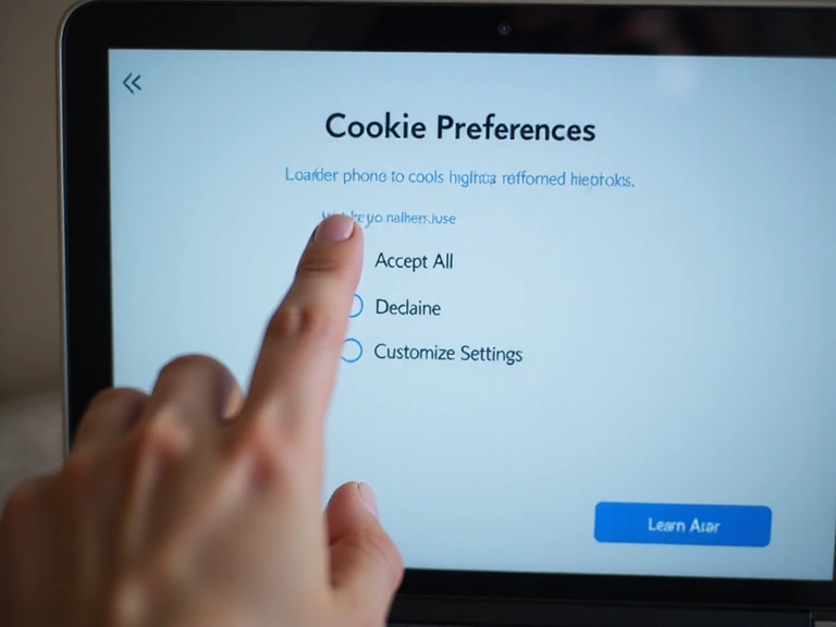A person's hand interacting with a digital cookie settings pop-up on a screen, showing options to accept or decline cookies.