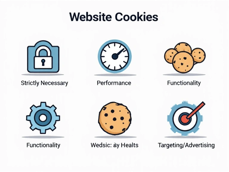 Illustration of various types of cookies, categorized by function, with icons representing security, performance, and personalization.
