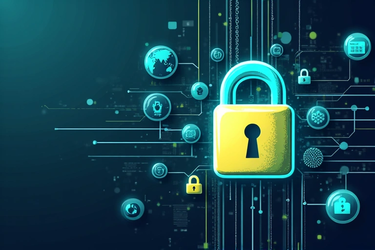 Ilustrasyon ng seguridad ng data na may lock icon at mga digital na elemento